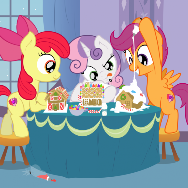 Size: 1919x1919 | Tagged: safe, artist:nitei, derpibooru import, apple bloom, scootaloo, sweetie belle, earth pony, pegasus, pony, unicorn, g4, barn, bow, candy, candy cane, carousel boutique, christmas, concentrating, cutie mark crusaders, female, filly, foal, food, frosting, gingerbread (food), gingerbread house, grin, hair bow, happy, hearth's warming, holiday, horn, icing bag, image, png, smiling, snow, stool, table