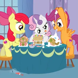 Size: 1919x1919 | Tagged: safe, artist:nitei, derpibooru import, apple bloom, scootaloo, sweetie belle, earth pony, pegasus, pony, unicorn, g4, barn, bow, candy, candy cane, carousel boutique, christmas, concentrating, cutie mark crusaders, female, filly, foal, food, frosting, gingerbread (food), gingerbread house, grin, hair bow, happy, hearth's warming, holiday, horn, icing bag, image, png, smiling, snow, stool, table