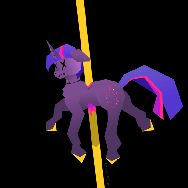 Size: 2216x2216 | Tagged: semi-grimdark, artist:cyberpixel44, derpibooru import, twilight sparkle, pony, unicorn, g4, alternate cutie mark, angular, black background, blood, carousel, colored blood, colored hooves, full body, gradient mane, gradient tail, hooves, horn, image, impalement, lineless, png, pole, simple background, solo, stitched body, stitches, tail, unicorn twilight, x eyes