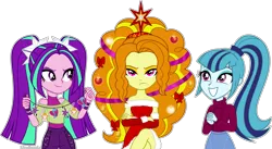 Size: 6295x3450 | Tagged: safe, artist:limedazzle, derpibooru import, adagio dazzle, aria blaze, sonata dusk, human, equestria girls, g4, adagio dazzle is not amused, christmas, christmas lights, christmas tree, clothes, costume, denim, dress, evening gloves, female, gloves, grin, holiday, image, jeans, long gloves, pants, png, santa costume, shirt, simple background, skirt, smiling, sweater, t-shirt, the dazzlings, transparent background, tree, trio, trio female, unamused