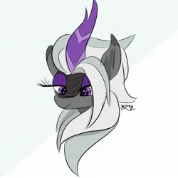 Size: 2048x2048 | Tagged: safe, artist:worny, derpibooru import, oc, oc:jinx kurai, unofficial characters only, kirin, pony, abstract background, bedroom eyes, bust, eyelashes, eyeshadow, female, grey hair, horn, image, jpeg, makeup, mare, mare oc, multicolored mane, portrait, purple eyeshadow, signature, simple background, smiling, solo, solo female, speedart