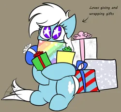 Size: 4020x3714 | Tagged: safe, artist:feather_bloom, derpibooru import, oc, oc:feather bloom(fb), unofficial characters only, pegasus, pony, excited, gift wrapped, hearth's warming, image, png, present, simple background, sketch, solo, starry eyes, tail, tail wag, wingding eyes