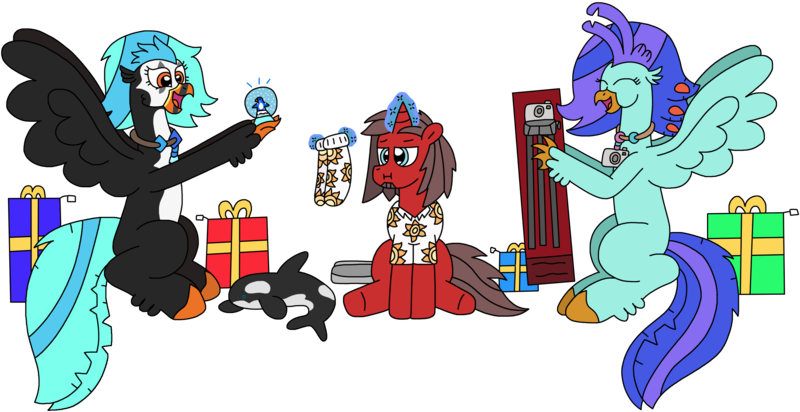 Size: 2848x1465 | Tagged: safe, artist:supahdonarudo, derpibooru import, oc, oc:icebeak, oc:ironyoshi, oc:sea lilly, unofficial characters only, bird, classical hippogriff, hippogriff, orca, penguin, unicorn, :t, box, camera, christmas, clothes, holding, holiday, horn, image, jewelry, levitation, magic, necklace, plushie, png, present, shirt, simple background, sitting, snow globe, socks, telekinesis, transparent background, tripod