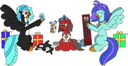 Size: 2848x1465 | Tagged: safe, artist:supahdonarudo, derpibooru import, oc, oc:icebeak, oc:ironyoshi, oc:sea lilly, unofficial characters only, bird, classical hippogriff, hippogriff, orca, penguin, unicorn, :t, box, camera, christmas, clothes, holding, holiday, horn, image, jewelry, levitation, magic, necklace, plushie, png, present, shirt, simple background, sitting, snow globe, socks, telekinesis, transparent background, tripod