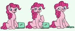 Size: 2480x1034 | Tagged: safe, artist:anonymous, derpibooru import, pinkie pie, earth pony, pony, g4, closing, comic, computer, drawthread, female, image, laptop computer, mare, png, raised hoof, requested art, scrunchy face, simple background, solo, sweat, white background