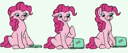 Size: 2480x1034 | Tagged: safe, artist:anonymous, derpibooru import, pinkie pie, earth pony, pony, g4, comic, computer, drawthread, female, image, jpeg, laptop computer, mare, raised hoof, requested art, simple background, smiling, solo, white background