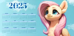 Size: 5507x2706 | Tagged: safe, ai content, artist:saltyvity, derpibooru import, edit, machine learning assisted, machine learning generated, stable diffusion, fluttershy, pegasus, pony, g4, 2025, blushing, calendar, cloud, ear fluff, fluffy, generator:purplesmart.ai, gradient background, green eyes, image, jpeg, pink hair, prompter:saltyvity, simple background, sky, smiling, solo