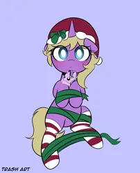 Size: 3096x3827 | Tagged: safe, artist:eltrash_art6, derpibooru import, starlight glimmer, oc, oc:hay meadow, unofficial characters only, pony, unicorn, g4, blue background, blushing, christmas, clothes, commission, female, gift wrapped, hat, holiday, horn, image, mare, plushie, png, ribbon, santa hat, simple background, socks, solo, striped socks, ych result