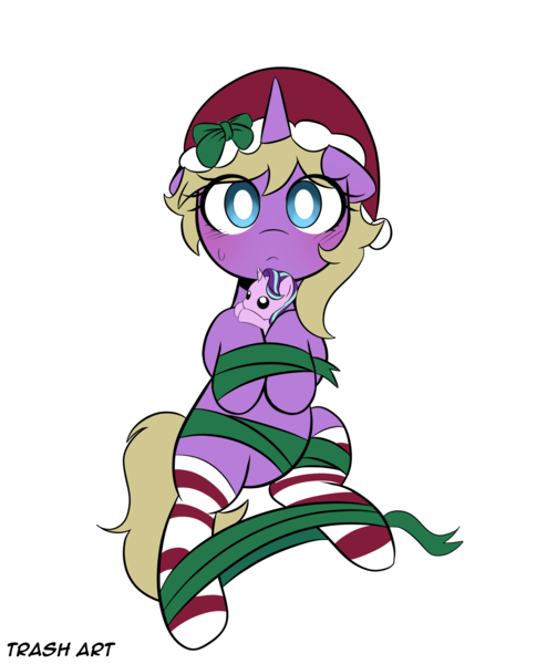 Size: 3096x3827 | Tagged: safe, alternate version, artist:eltrash_art6, derpibooru import, starlight glimmer, oc, oc:hay meadow, unofficial characters only, pony, unicorn, g4, blushing, christmas, clothes, commission, female, gift wrapped, hat, holiday, horn, image, mare, plushie, png, ribbon, santa hat, simple background, socks, solo, striped socks, transparent background, ych result