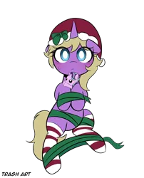 Size: 3096x3827 | Tagged: safe, alternate version, artist:eltrash_art6, derpibooru import, starlight glimmer, oc, oc:hay meadow, unofficial characters only, pony, unicorn, g4, blushing, christmas, clothes, commission, female, gift wrapped, hat, holiday, horn, image, mare, plushie, png, ribbon, santa hat, simple background, socks, solo, striped socks, transparent background, ych result