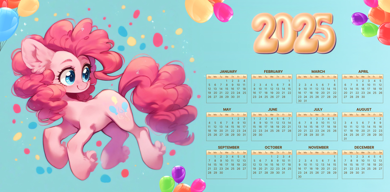 Size: 5507x2706 | Tagged: safe, ai content, artist:saltyvity, derpibooru import, edit, machine learning assisted, machine learning generated, stable diffusion, pinkie pie, earth pony, pony, g4, 2025, balloon, blue background, blue eyes, calendar, ear fluff, fluffy, generator:purplesmart.ai, gradient background, image, jpeg, pink mane, prompter:saltyvity, simple background, smiling, solo