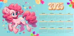 Size: 5507x2706 | Tagged: safe, ai content, artist:saltyvity, derpibooru import, edit, machine learning assisted, machine learning generated, stable diffusion, pinkie pie, earth pony, pony, g4, 2025, balloon, blue background, blue eyes, calendar, ear fluff, fluffy, generator:purplesmart.ai, gradient background, image, jpeg, pink mane, prompter:saltyvity, simple background, smiling, solo