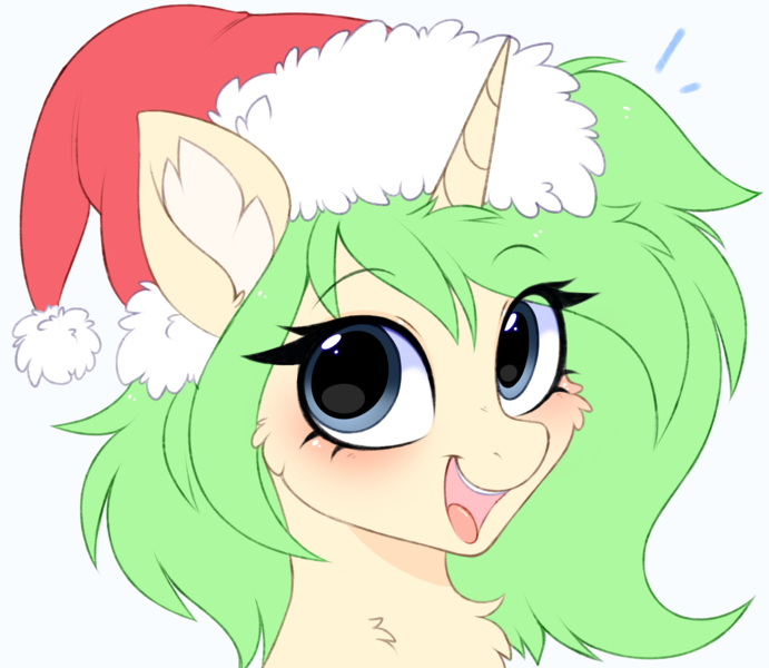 Size: 3455x3000 | Tagged: safe, artist:pesty_skillengton, derpibooru import, oc, pony, unicorn, bust, christmas, female, happy, hat, holiday, horn, image, mare, open mouth, png, santa hat, solo