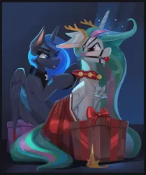 Size: 2660x3177 | Tagged: suggestive, artist:hoofindust, derpibooru import, princess celestia, princess luna, alicorn, pony, g4, ballgag, bondage, bridle, chest fluff, christmas, collar, drool, duo, duo female, female, floppy ears, gag, holiday, hoof hold, image, lineless, mare, png, present, royal sisters, sketch, tack