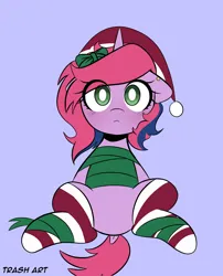 Size: 3096x3827 | Tagged: safe, artist:eltrash_art6, derpibooru import, oc, oc:lilac, unofficial characters only, pony, unicorn, blue background, blushing, christmas, clothes, commission, ear piercing, earring, female, gift wrapped, hat, holiday, horn, image, jewelry, mare, piercing, png, ribbon, santa hat, simple background, socks, solo, striped socks, ych result