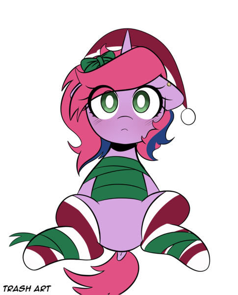 Size: 3096x3827 | Tagged: safe, alternate version, artist:eltrash_art6, derpibooru import, oc, oc:lilac, unofficial characters only, pony, unicorn, blushing, christmas, clothes, commission, ear piercing, earring, female, gift wrapped, hat, holiday, horn, image, jewelry, mare, piercing, png, ribbon, santa hat, simple background, socks, solo, striped socks, transparent background, ych result