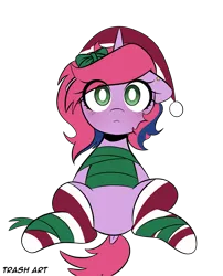 Size: 3096x3827 | Tagged: safe, alternate version, artist:eltrash_art6, derpibooru import, oc, oc:lilac, unofficial characters only, pony, unicorn, blushing, christmas, clothes, commission, ear piercing, earring, female, gift wrapped, hat, holiday, horn, image, jewelry, mare, piercing, png, ribbon, santa hat, simple background, socks, solo, striped socks, transparent background, ych result