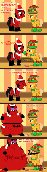 Size: 1353x4939 | Tagged: suggestive, artist:wheatley r.h., derpibooru import, oc, oc:captain price, oc:red widow, unofficial characters only, pegasus, pony, allergic reaction, angry, belly, belt, big belly, bloated, boots, chocolate, christmas, clothes, clothing damage, comic, costume, derpibooru exclusive, disguise, disguised siren, elf costume, eyes closed, eyeshadow, female, folded wings, food, gem, hat, hearts warming day, heartwarming, holiday, huge belly, image, indoors, inflation, jpeg, makeup, mare, onomatopoeia, puffy cheeks, purple eyeshadow, santa costume, santa hat, shoes, siren gem, slit pupils, smiling, smirk, torn clothes, unamused, vector, watermark, wings