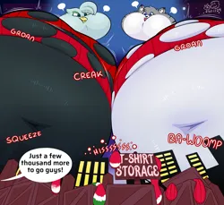 Size: 2400x2200 | Tagged: suggestive, artist:undercover bob, derpibooru import, oc, oc:e, oc:mai, unofficial characters only, cat, gryphon, air inflation, balloon, belly, belly button, big belly, box, christmas, christmas sweater, city, cityscape, close-up, clothes, clothing damage, dialogue, duo, floating, griffon oc, hearth's warming, holiday, huge belly, hyper, hyper inflation, image, impossibly large belly, inflation, non-mlp oc, onomatopoeia, png, puffy cheeks, sweater