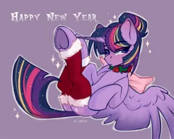 Size: 2500x2000 | Tagged: safe, artist:shelti, derpibooru import, twilight sparkle, twilight sparkle (alicorn), alicorn, pony, g4, alternate hairstyle, bedroom eyes, blushing, butt, choker, christmas, clothes, female, frog (hoof), happy new year, holiday, image, jpeg, lying down, mare, new year, on back, plot, purple background, simple background, socks, solo, stockings, thigh highs, underhoof