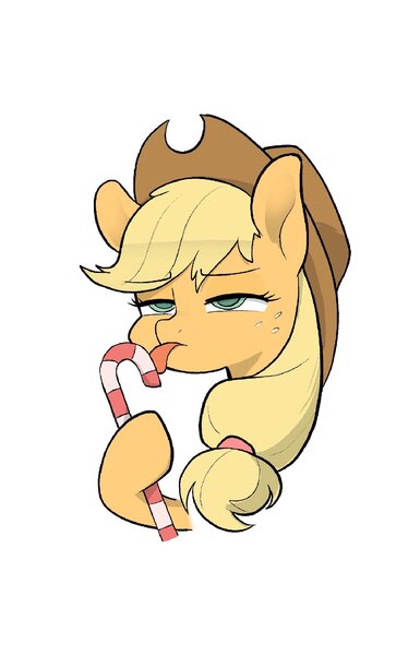 Size: 1536x2393 | Tagged: safe, artist:noupu, derpibooru import, applejack, earth pony, pony, g4, bust, candy, candy cane, female, food, image, jpeg, licking, mare, narrowed eyes, simple background, solo, tongue out, white background