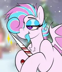 Size: 2814x3273 | Tagged: safe, artist:allicoot, derpibooru import, oc, oc:sweetie swirl, unofficial characters only, bat pony, bat pony oc, bat wings, blue tongue, blurry background, candy, candy cane, chest fluff, eyelashes, eyeshadow, femboy, food, hair over one eye, hearth's warming, image, makeup, male, multicolored hair, png, smiling, solo, sparkles, threatening, tongue out, wings