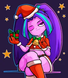 Size: 1157x1323 | Tagged: suggestive, artist:kyouman1010, derpibooru import, aria blaze, human, equestria girls, g4, bell, boots, bottom heavy, christmas, chubby, clothes, costume, crossed legs, female, gloves, hat, holiday, image, jpeg, one eye closed, outline, plump, present, santa costume, santa hat, shoes, sitting, smiling, solo, solo female, thighs, thunder thighs, wide hips