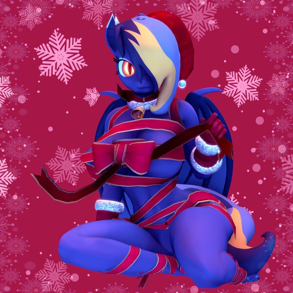 Size: 2000x2000 | Tagged: questionable, artist:shadowuwu, ponerpics import, oc, unofficial characters only, anthro, bat pony, 3d, barefoot, bat pony oc, bat wings, breasts, christmas, clothes, feet, female, gloves, holiday, image, jpeg, kneeling, nipples, nudity, solo, wings