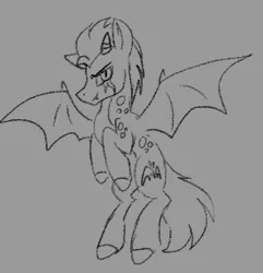 Size: 1095x1137 | Tagged: safe, artist:heyitsbrad, oc, oc:night, unofficial characters only, dracony, hybrid, pony, bat wings, eye scar, frown, horns, image, looking at you, male, monochrome, png, scar, solo, spread wings, stallion, tail, unshorn fetlocks, wings