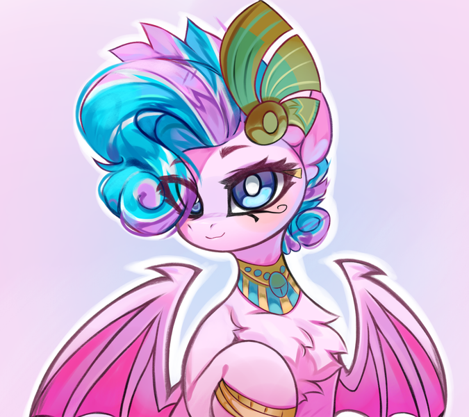 Size: 3786x3365 | Tagged: safe, artist:jfrxd, derpibooru import, oc, unofficial characters only, bat pony, bat pony oc, bat wings, blushing, chest fluff, egyptian, egyptian headdress, eye of horus, eyelashes, femboy, hair over one eye, half body, image, jewelry, looking at you, male, multicolored hair, png, simple background, smiling, solo, wings