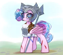 Size: 3786x3365 | Tagged: safe, artist:jfrxd, derpibooru import, oc, oc:sweetie swirl, unofficial characters only, bat pony, armor, bat pony oc, bat wings, blood, blue eyes, body markings, clothes, eyelashes, femboy, hair over one eye, helmet, horned helmet, image, looking at you, male, multicolored hair, outdoors, png, smiling, smiling at you, spear, viking helmet, weapon, wings