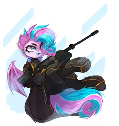 Size: 3941x4201 | Tagged: safe, artist:jfrxd, derpibooru import, oc, oc:sweetie swirl, unofficial characters only, bat pony, armor, bat pony oc, bat wings, blue tongue, cape, clothes, dynamic pose, ear fluff, eyelashes, femboy, flying, gun, hair over one eye, helldivers 2, image, male, multicolored hair, png, simple background, smiling, solo, weapon, wings