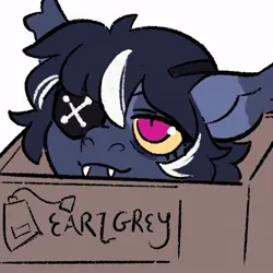 Size: 553x553 | Tagged: safe, artist:thiscatdraws, derpibooru import, oc, unofficial characters only, bat pony, pony, asfe, bat pony oc, bat wings, box, bust, colored sclera, eyelashes, eyepatch, fangs, image, jpeg, pony in a box, red eyes, simple background, smiling, solo, white background, wings, yellow sclera