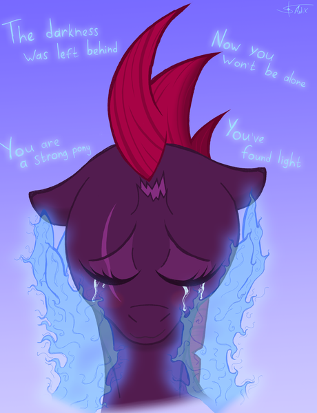 Size: 2300x3000 | Tagged: safe, artist:anix_space, derpibooru import, fizzlepop berrytwist, tempest shadow, pony, unicorn, g4, blushing, broken horn, bust, crying, fire, floppy ears, gradient background, hand on face, horn, image, magic, png, portrait, smiling, tears of joy, text