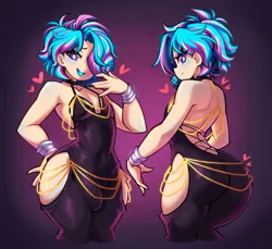 Size: 2077x1900 | Tagged: suggestive, artist:artaraxia, derpibooru import, oc, oc:sweetie swirl, human, black dress, blue blush, blue tongue, blushing, butt, clothes, crossdressing, dress, eyelashes, femboy, gold, heart, humanized, humanized oc, image, laughing, looking at you, looking back, male, multicolored hair, png, rear view, smiling, smiling at you, smug, thighs, thunder thighs, wide hips