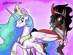 Size: 2160x1620 | Tagged: safe, artist:amanecerlobo, derpibooru import, king sombra, princess celestia, pony, unicorn, g4, flower, horn, image, png, rose