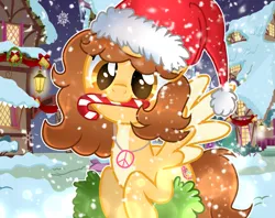 Size: 1365x1080 | Tagged: safe, artist:doraeartdreams-aspy, derpibooru import, oc, oc:aspen, unofficial characters only, pegasus, g4, candy, candy cane, christmas, female, food, hat, holiday, image, jewelry, necklace, peace sign, pegasus oc, png, santa hat, wings