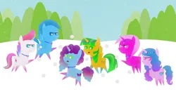 Size: 1920x1080 | Tagged: safe, derpibooru import, izzy moonbow, zipp storm, oc, oc:orangelight amber, oc:sky flight, oc:star rhythm, pony, g5, image, misty brightdawn, png, pointy ponies, rebirth misty, snow, snowball, snowball fight