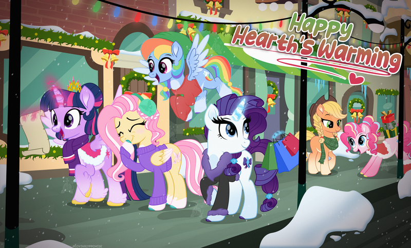 Size: 6628x4000 | Tagged: safe, artist:lovinglypromise, derpibooru import, applejack, fluttershy, pinkie pie, rainbow dash, rarity, twilight sparkle, twilight sparkle (alicorn), alicorn, pony, g4, absurd file size, alternate design, christmas, christmas lights, clothes, hearth's warming, holiday, image, magic, mane six, png, scarf, scroll, snow, sweater