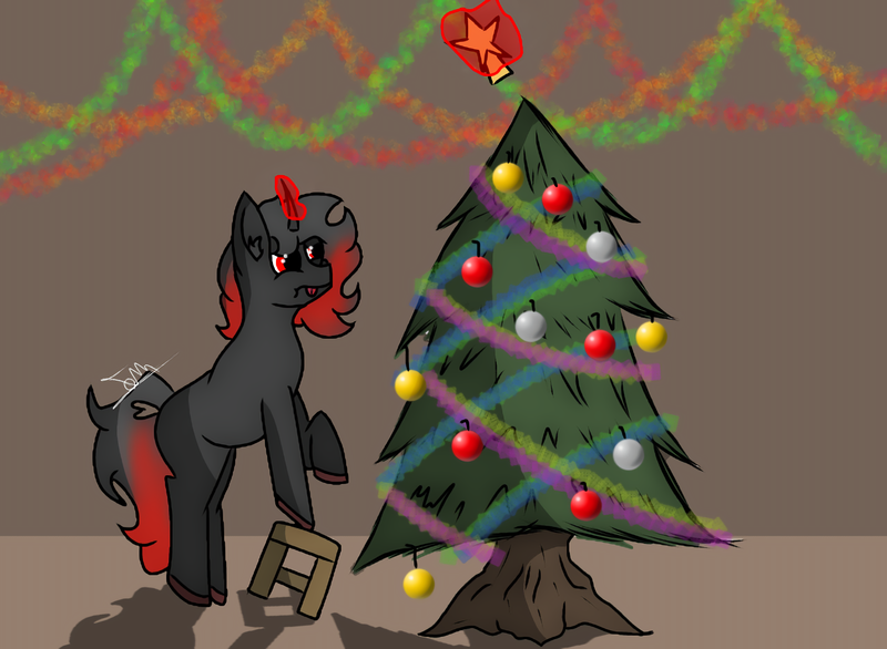 Size: 1440x1054 | Tagged: safe, artist:thomas.senko, derpibooru import, oc, oc:shade starlight, unofficial characters only, pony, unicorn, 2024, ^^, black hair, catchlights, chair, christmas, christmas 2024, christmas lights, christmas ornament, christmas star, christmas tree, commission, commissioner:shade starlight, dark skin, decoration, digital art, ears up, eyes closed, eyes open, focus, focused, garland, holiday, hooves, horn, image, indoors, looking up, male, male oc, mane, nervous, nervous sweat, no eyelashes, older male, png, pony oc, quadrupedal, raised hoof, red eyes, red hair, red horn, silly, silly pony, simple background, simple shading, small chair, solo, tongue out, tree, unicorn oc