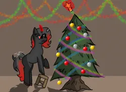 Size: 1440x1054 | Tagged: safe, artist:thomas.senko, derpibooru import, oc, oc:shade starlight, unofficial characters only, pony, unicorn, 2024, ^^, black hair, catchlights, chair, christmas, christmas 2024, christmas lights, christmas ornament, christmas star, christmas tree, commission, commissioner:shade starlight, dark skin, decoration, digital art, ears up, eyes closed, eyes open, focus, focused, garland, holiday, hooves, horn, image, indoors, looking up, male, male oc, mane, nervous, nervous sweat, no eyelashes, older male, png, pony oc, quadrupedal, raised hoof, red eyes, red hair, red horn, silly, silly pony, simple background, simple shading, small chair, solo, tongue out, tree, unicorn oc