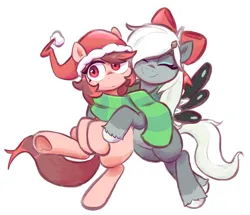 Size: 1124x967 | Tagged: safe, artist:deerie, derpibooru import, oc, oc:asbestos, oc:wormy, unofficial characters only, earth pony, pegasus, pony, christmas, clothes, female, flying, hat, holiday, hug, image, mare, png, santa hat, scarf, simple background, smiling, spread wings, wings