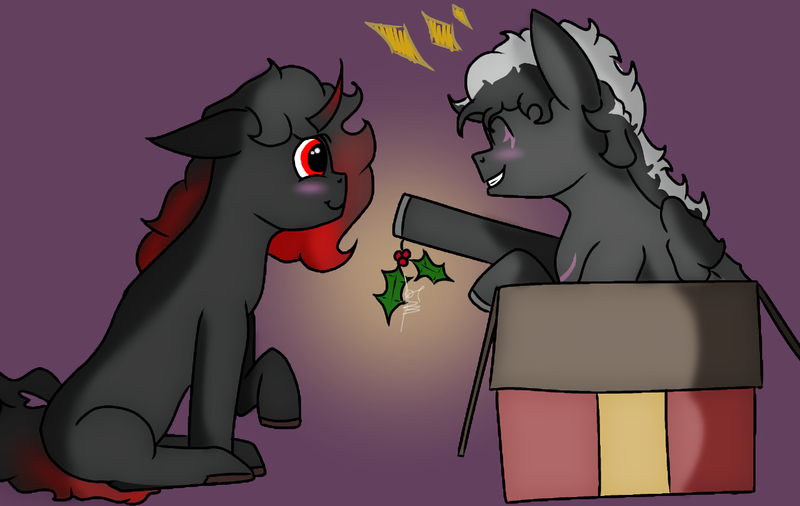 Size: 1440x910 | Tagged: safe, artist:thomas.senko, derpibooru import, oc, oc:monolithskyline, oc:shade starlight, pegasus, pony, unicorn, 2024, ^^, black hair, christmas, christmas 2024, christmas presents, commission, commissioner:shade starlight, dark skin, digital art, duo, ears up, eyes closed, eyes open, floppy ears, friends with benefits, gay, happines, happy, holiday, hooves, horn, image, indoors, looking at each other, looking at someone, male, male duo, male oc, mistletoe, no eyelashes, png, pony oc, present, quadrupedal, raised hoof, red eyes, red hair, silly, silly pony, simple background, simple shading, smiling, smiling at each other, white hair