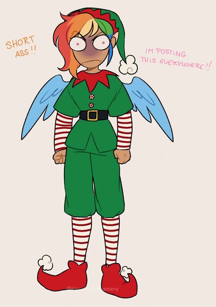 Size: 950x1350 | Tagged: safe, artist:timelessclownry, derpibooru import, rainbow dash, elf, human, annoyed, belt, christmas, clothes, elf costume, elf hat, female, hat, holiday, humanized, image, jpeg, offscreen character, rainbow dash is not amused, shirt, shoes, shorts, socks, solo, striped socks, unamused, vulgar, winged humanization, wings