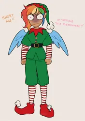 Size: 950x1350 | Tagged: safe, artist:timelessclownry, derpibooru import, rainbow dash, elf, human, annoyed, belt, christmas, clothes, elf costume, elf hat, female, hat, holiday, humanized, image, jpeg, offscreen character, rainbow dash is not amused, shirt, shoes, shorts, socks, solo, striped socks, unamused, vulgar, winged humanization, wings