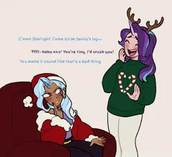 Size: 986x900 | Tagged: safe, artist:timelessclownry, derpibooru import, starlight glimmer, trixie, human, antlers, bedroom eyes, belt, christmas, christmas sweater, clothes, coat, costume, couch, dark skin, duo, duo female, ear piercing, earring, eyebrow piercing, eyes closed, female, flirting, grin, hairband, hat, holiday, horn, horned humanization, humanized, image, jewelry, jpeg, laughing, lesbian, nail polish, nose piercing, open mouth, pants, piercing, ring, santa claus, santa costume, santa hat, shipping, smiling, startrix, sweater