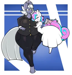 Size: 2640x2780 | Tagged: suggestive, alternate version, artist:zannie, derpibooru import, limestone pie, oc, oc:sweetie swirl, anthro, bat pony, earth pony, g4, bat pony oc, bat wings, big breasts, breast grab, breasts, canon x oc, chubby, clothes, dress, ear fluff, female, femboy, floating wings, grope, happy, hug, image, larger female, male, multicolored hair, png, simple background, size difference, smaller male, smiling, suit, thighs, thunder thighs, wedding dress, wings