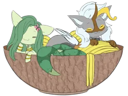 Size: 1217x913 | Tagged: safe, artist:belka-sempai, artist:polofastter, derpibooru import, oc, oc:apollo, oc:lamey, unofficial characters only, draconequus, lamia, original species, snake, snake pony, :3, bowl, bracelet, curved horn, duo, duo male and female, eyes closed, female, flower, flower in hair, folded wings, food, horn, image, jewelry, male, noodles, png, ramen, simple background, sketch, transparent background, wings