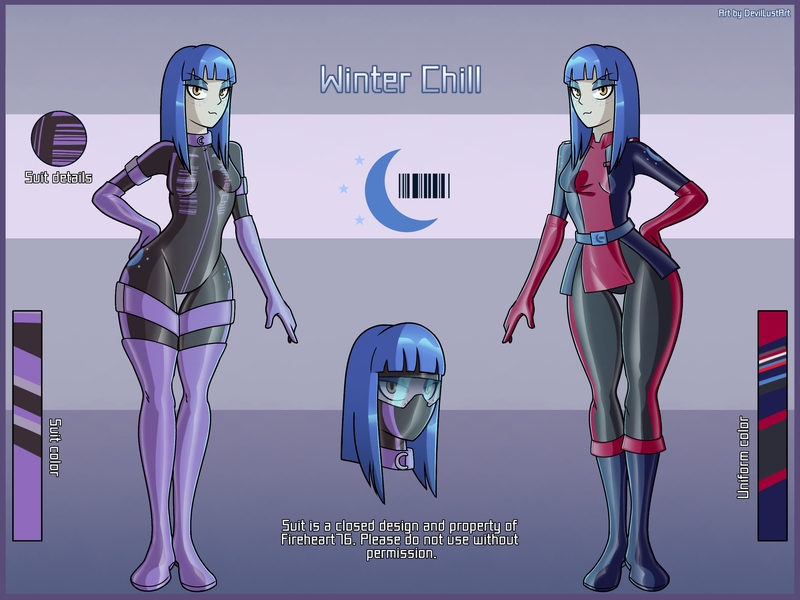 Size: 2500x1875 | Tagged: safe, artist:devillustart, derpibooru import, oc, oc:winter chill(fireverse), unofficial characters only, human, equestria girls, g4, alternate universe, fireheart76's latex suit design, humanized, image, jpeg, latex, latex suit, prisoners of the moon, reference sheet, royal stellaria magazine, rubber, rubber suit