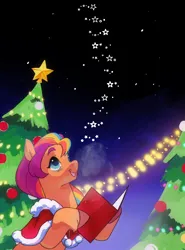 Size: 756x1024 | Tagged: safe, artist:aztrial, derpibooru import, sunny starscout, earth pony, pony, g5, book, christmas, christmas 2024, christmas tree, holiday, image, mane stripe sunny, night, png, smiling, solo, stars, tree